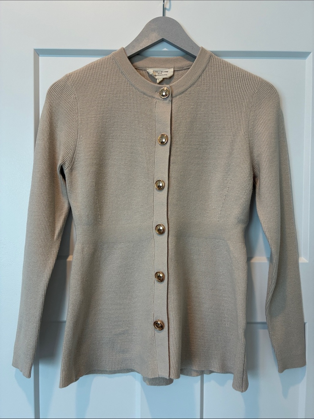 La Vila Milano Beige Crewneck Cardigan with Gold Buttons